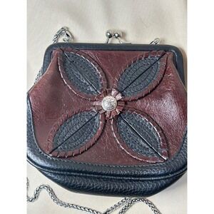 BRIGHTON Black & Brown Flower Leather Small Snap Closure Crossbody Clutch 5x5"